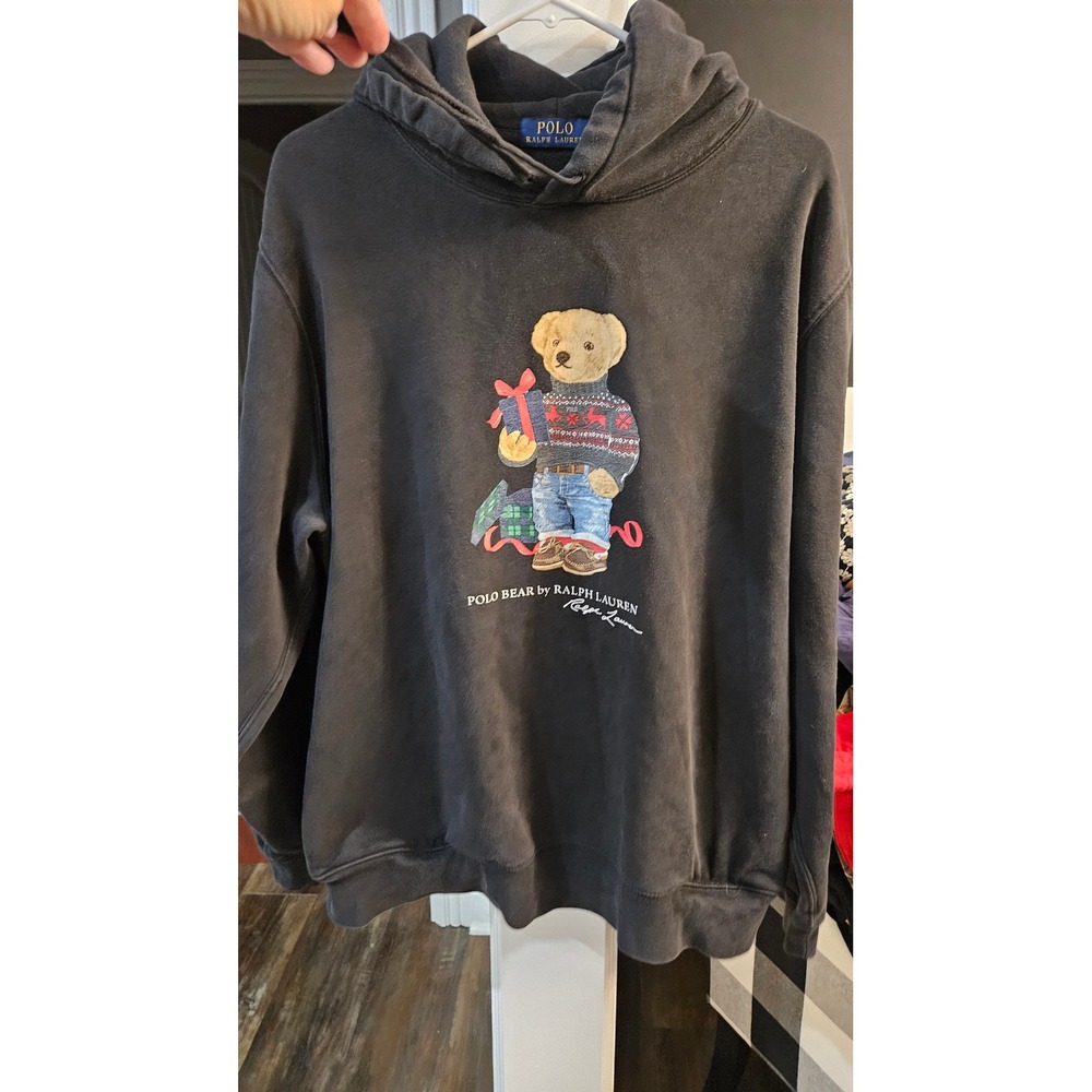 Polo Ralph Lauren Mens XL Polo Bear Holiday Gift Hoodie Faded Black Sweatshirt